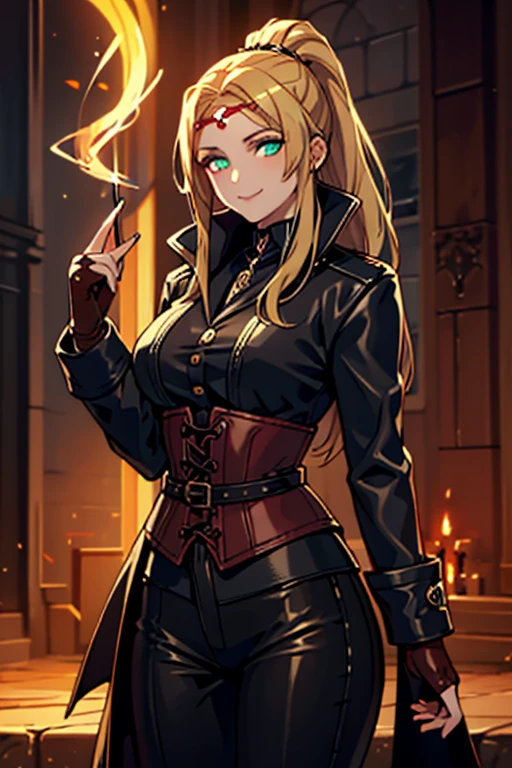 very long hair, golden hair, jacket, red_eyes, bangs, straight hair, inside the casino, casino table, looking down on the viewer, big, full body, crazy eyes, insane, wide open eyes, glowing eyes, shiny lips, blush, satisfied look, sexually aroused, obsessive look, crazy look, adult,, plump, blonde, girl in underwear, single girl, solo, sensational face, Sloppy look, evil smile, crazy smile, bewitching face, blush, black bra, black panties, M-shaped legs, estrus, lustful expression, open legs, yandere face