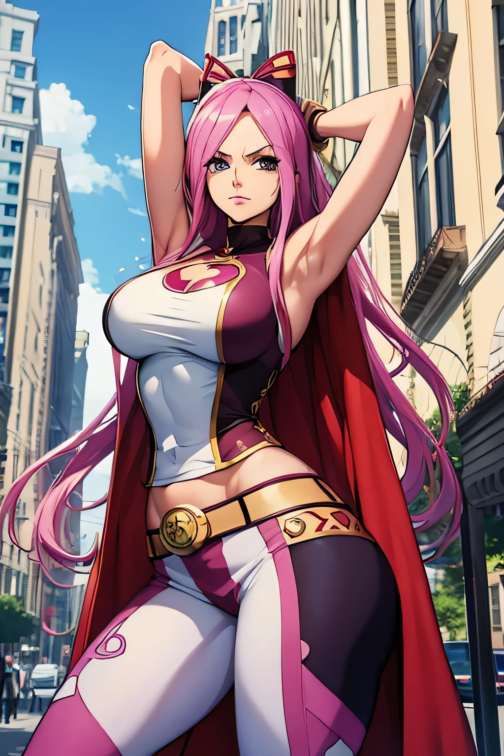 Masterpiece, stunning realistic, best quality, Perona, as a female superhero, wearing sleeveless superhero costume, long pants superhero costume, and a cape, in the middle of a city, showing her left armpit