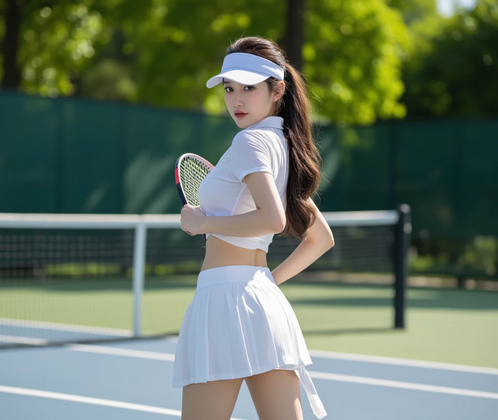 K-pop idols、Female sexy、A smile、Tennis Wear、Gripping a tennis racket、Inside the tennis court
