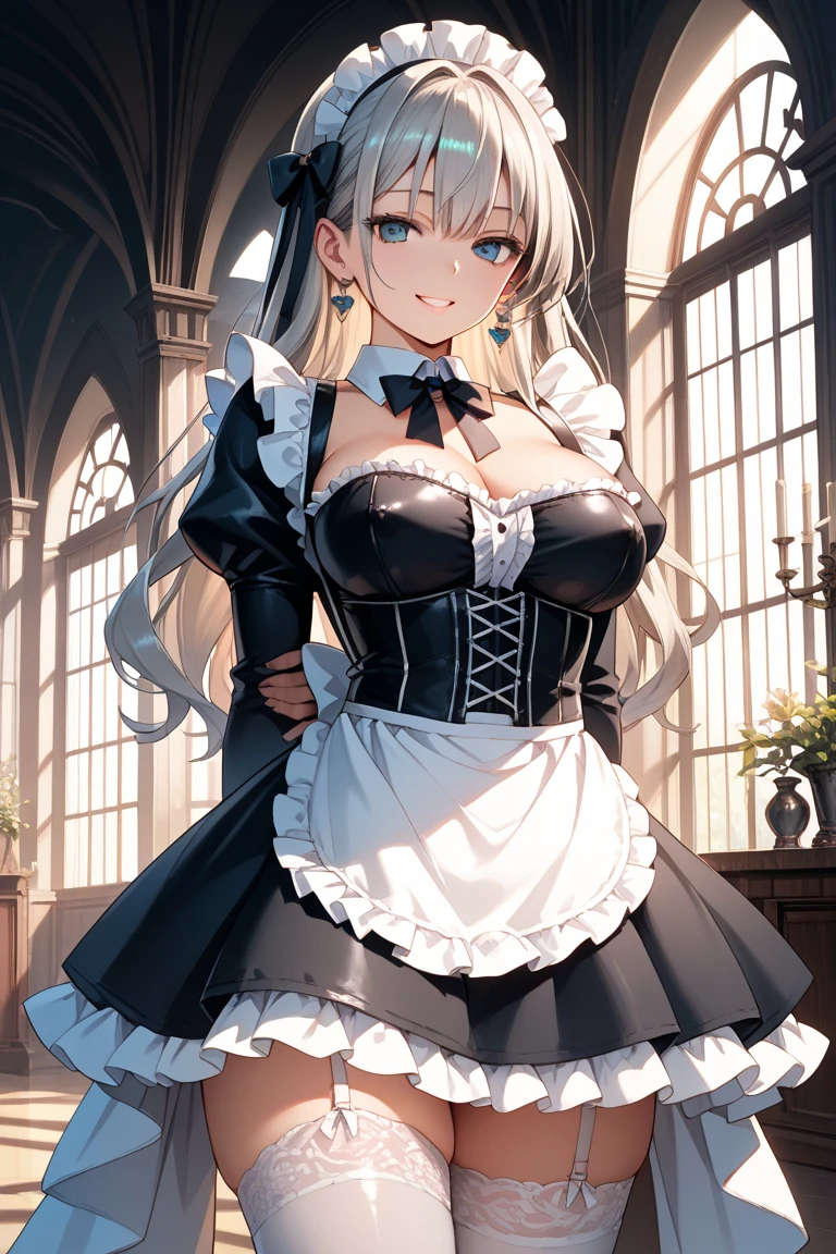 marie rose, maid uniform, headdress, black stockings, mansion, ThiccWithaQ art style, marie rose, cute, lewd, curvy, plump, big breasts, curvy hips