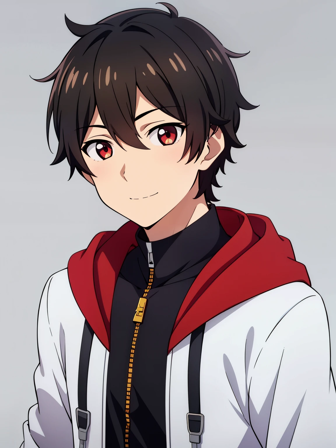 (high-quality, breathtaking),(expressive eyes, perfect face) portrait, 1boy, male, solo, young , black hair, red eye color, short hair length, soft wavy hair, cute smile, loose hair, side bangs, looking at viewer, portrait, medium full shot, happy expression, RWBY clothing, black hoodie, gold trim, white shirt, red, grey background

