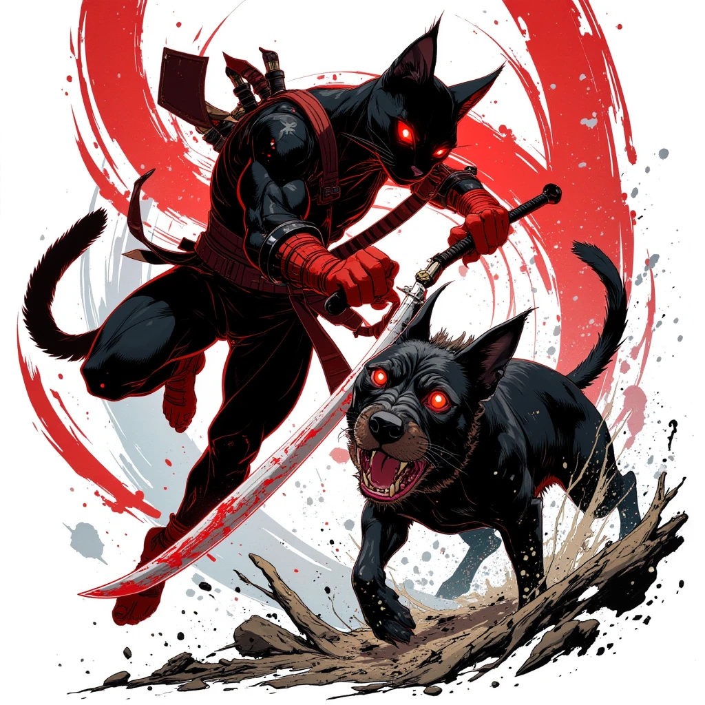  A dynamic graphic novel-style scene of a cat-samurai battling a dog-monster, using a red, black, and white color palette. The cat-samurai is leaping through the air, about to strike the dog-monster. The cat-samurai is rendered in stark black with red highlights on their sword and eyes, with white highlights for muscle definition and motion. The dog-monster is menacing, depicted in black with glowing red eyes and wounds, set against a white background. Motion lines in white emphasize the cat-samurai's movement, with bold lines and dramatic shadows enhancing the intensity of the battle. High contrast between the colors creates a striking, action-packed image in a bold and vivid style.