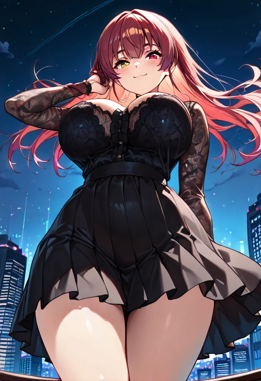 1fille, (Best quality:1.1), (Masterpiece:1.4), portrait, 1fille, (cheveux volumineux)+ , ((curly hair))++, cheveux longs, ((dark skinned))++, (((cheveux roses ))), (golden eyes), Cheveux courts, Gros Seins, Pink Hair , (big lips)+, evening dress, Party Dress , Short Dress , Bas en dentelles, black stockings , peau brillante, Brillant, starry night , pleine lune, Decor Urbain, Bas dentelle, Fioritures, pose dynamique, seiza