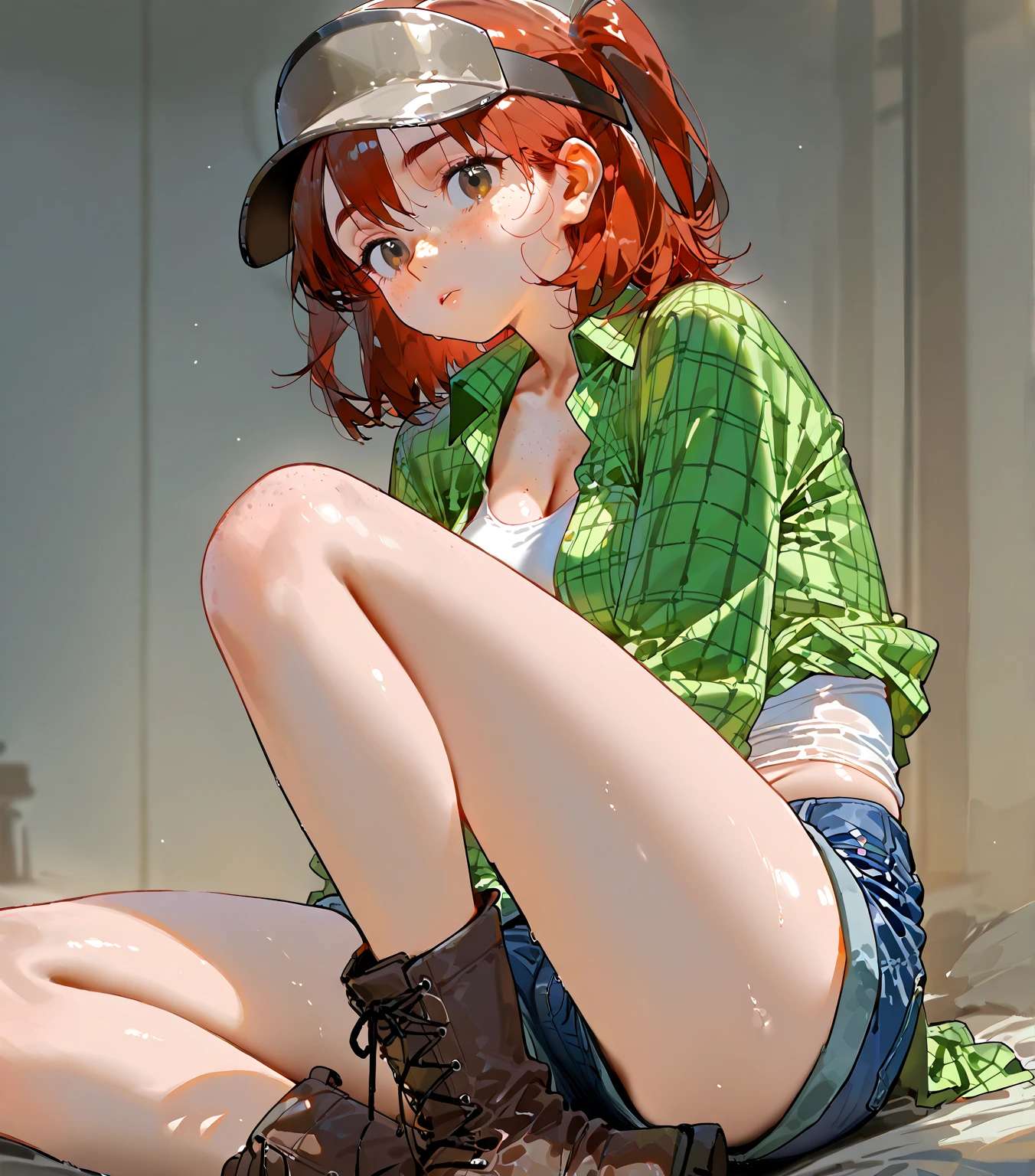a female character with an anime-like drawing style Echi. has long and red hair, light skin with freckles on her face and . She wears a cap with a light brown visor and dark back panel. She wears a green open plaid shirt, underneath which she wears a  top that leaves part of her abdomen uncovered. She also wears blue denim shorts and long dark brown boots.