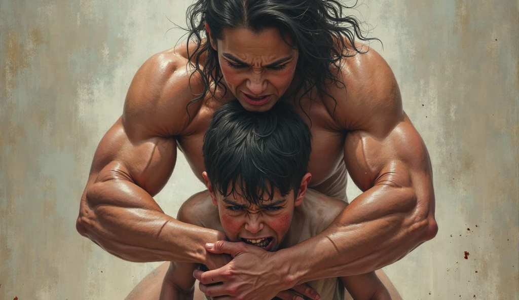 A strong girl carry a boy on her lap