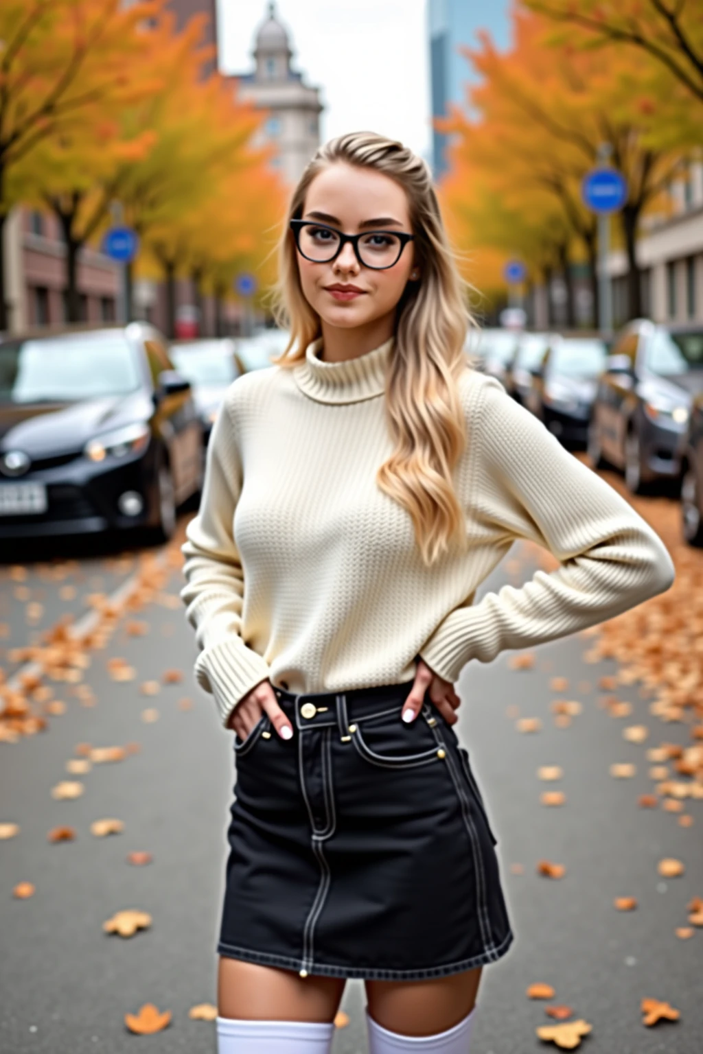 a one woman, americana, age 25, pale skin and freckles, grey-eyed, delicate nose, soft and delicate lips, distant, ponytail blonde hair, hand messing with hair, face with delicate feminine facial features, highly rendered