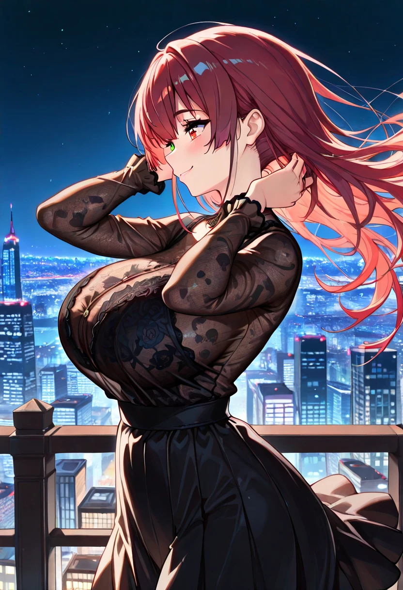 ((Midnight, Best quality, 8k, Masterpiece :1.3)), Whole body, Long legs, Sharp focus :1.2, A pretty woman with perfect figure :1.4, Slender abs :1.1, ((Dark brown hair, Big breasts :1.2)), (black tshirt, Jean bib, Standing:1.2), ((Night city view, Rooftop:1.3)), Highly detailed face and skin texture, Detailed eyes, Double eyelid
