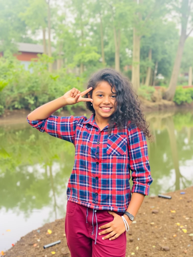 Brown skinned child,cabelo crespo cacheado , olho castanho claro ,wearing purple glasses,mochila rosa e branca ,sapato rosa, shorts jeans, camiseta amarela com flores