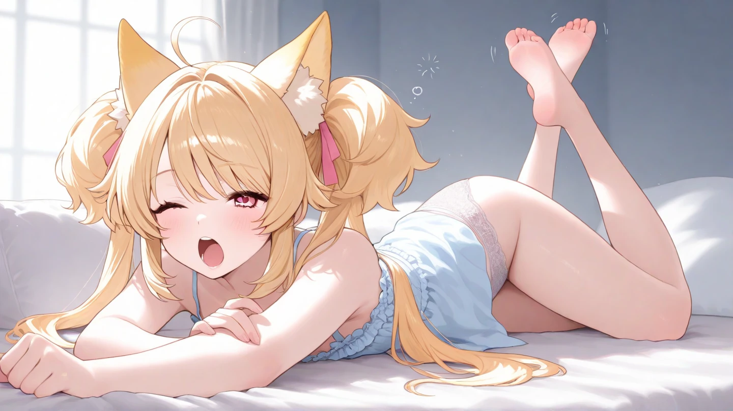 1girl, solo, long hair, breasts, looking at viewer, blush, smile, open mouth, bangs, blue eyes, blonde hair, large breasts, shirt, thighhighs, long sleeves, animal ears, cleavage, school uniform, white shirt, :d, thighs, hairband, boots, shorts, black thighhighs, cat ears, sailor collar, animal ear fluff, short shorts, brown footwear, drill hair, blue shorts, top-down bottom-up, blue hairband