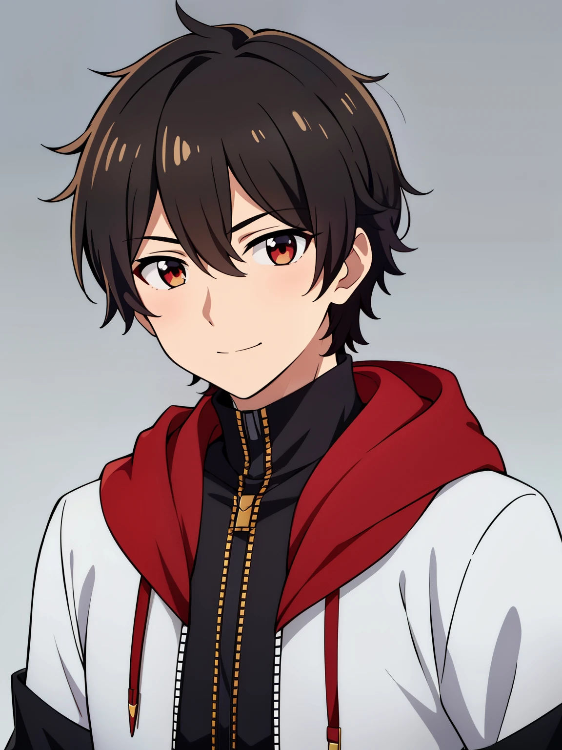 (high-quality, breathtaking),(expressive eyes, perfect face) portrait, 1boy, male, solo, young , black hair, red eye color, short hair length, soft wavy hair, cute smile, loose hair, side bangs, looking at viewer, portrait, medium full shot, happy expression, RWBY clothing, black hoodie, gold trim, white shirt, red, grey background