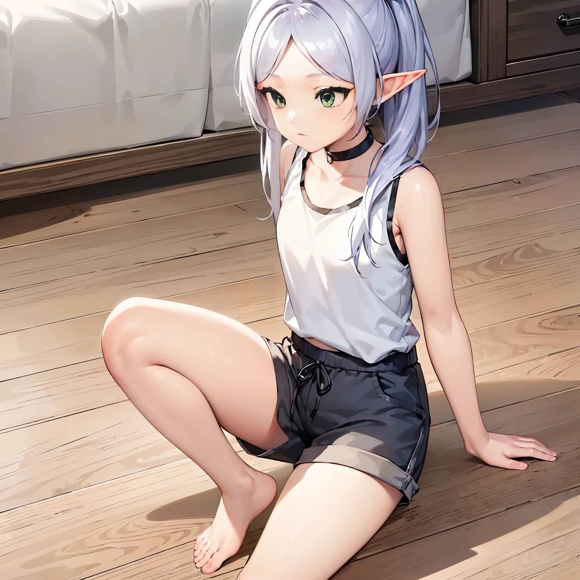 1girl, Female Elves (The gray tank top/sleeveless and The Red and Black shorts /barefoot shorts 3.7) small  WHITE HAIR A  girl Standing Masterpiece, Anatomically Correct, (Green eye 7.4) From Suave Anime CG Art, 