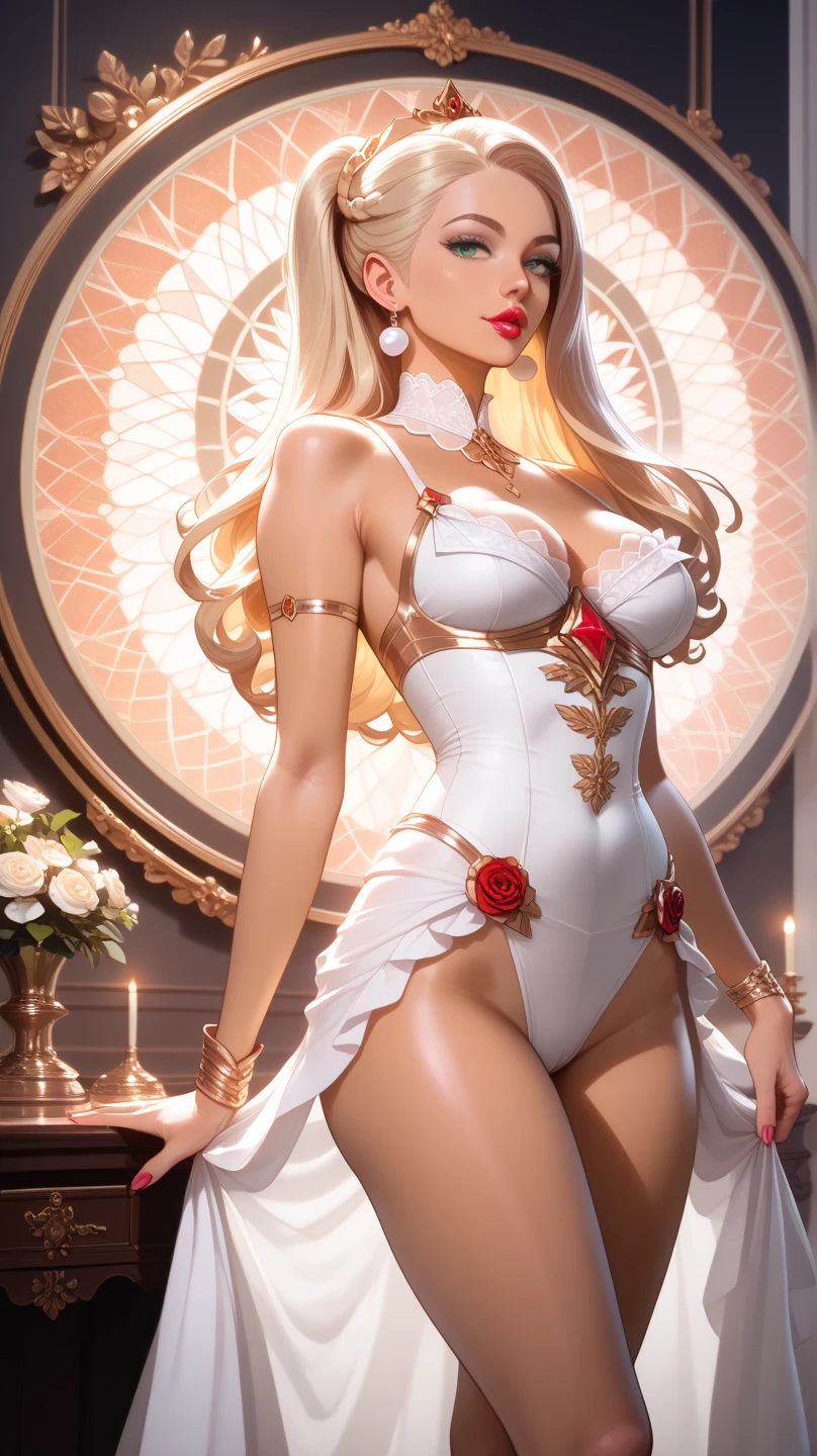 full-body close-up, create an elegant atmosphere), white short skirt, white hair shawl, graceful flowing, elegant movements, lustful smirking smile expression (red blush), floating in the air, (1girl), slim figure)