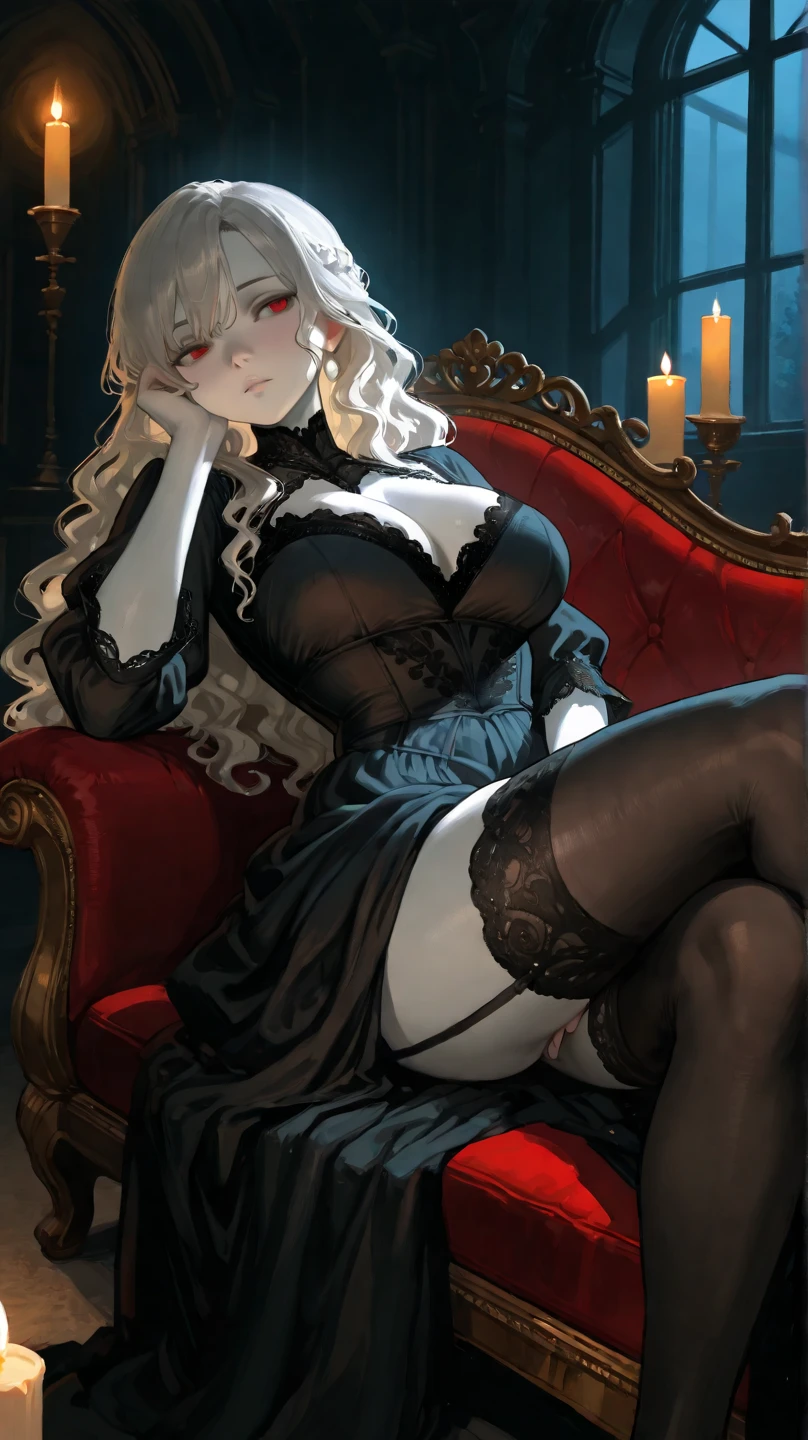 (best quality,highres)1female,dark and mysterious,gothic art style,red and black color palette,dramatic lighting, bedroom setting,glimmering night time, detailed engravings on the earrings and piercing,roses intertwined,female, (pale skin), vibrant red lipstick, (white hair, long flowing hair, straight hair), red eyes, vampire, sharp fangs,playful expression, sitting on bed, ((naked:1.2)), nipples, vagina, cagina spread, anus, explicit content, NSFW
