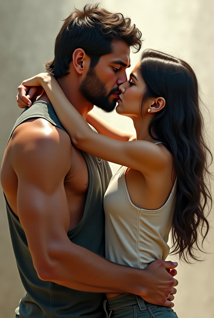 HQ image drawing, a carpenter in a dirty old tank top, with a blue cap, the stubble, e a appearance of 45 years. Next to him a woman with a red dress tight to her body, black hair and tied up, with a loose lock of hair, appearance of 45 years