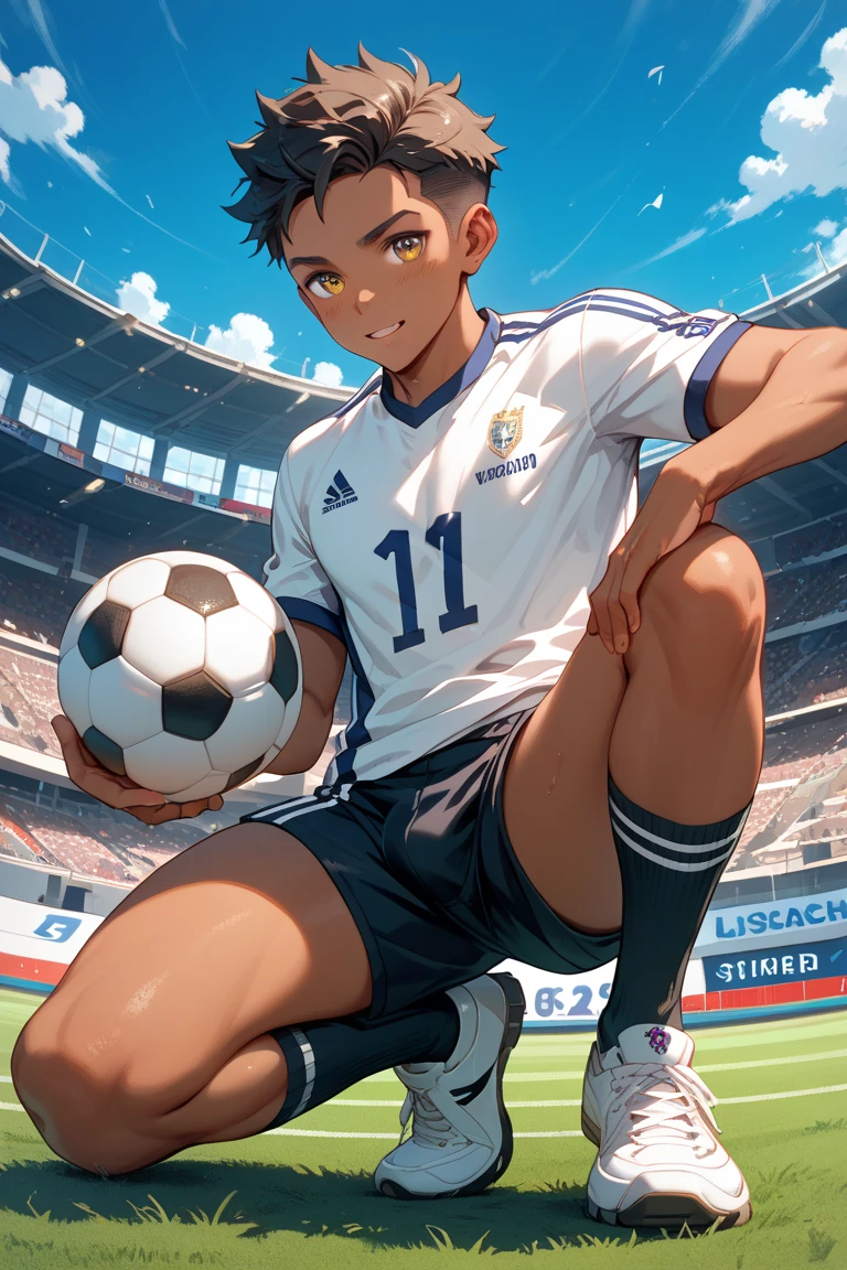 high quality, detailed, (20 years old anime guy), (black hair with middle part), (blue detailed eyes), (athletic), (shiny skin), black briefs,(detailed cock), Soccer clothes, Tall