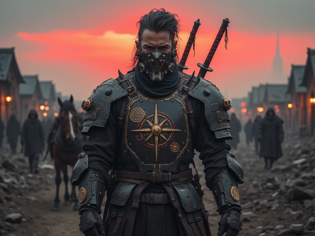 man in samurai armor with fur around the neck and waist, wearing devil helmet, dusty detail ornaments, battle weary, cyborg man | with a visible detailed brain | muscles cable wires | biopunk | cybernetic | cyberpunk | white marble bust | canon m50 | 100mm | sharp focus | smooth | hyperrealism | highly detailed | intricate details | carved by michelangelo