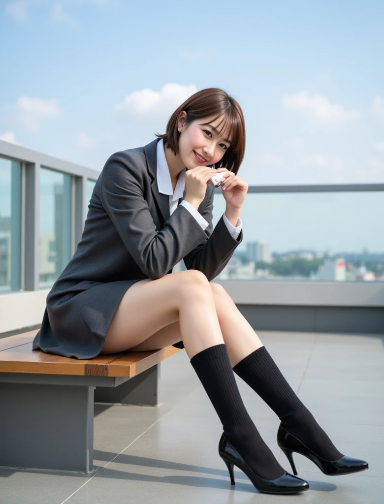 Random View, full body plane, anime, estilo anime de mujer realist, 20year old girl, ((gray blazer, tape, navy blue mini skirt,)),, beautiful details of the eyes, (eye size: 3/4) face light, ((full body photo: 1.2)), particularly strong light, (upper grade, smile: 1.2), shiny skin, (((short cut hairstyle))), , Ulchan-6500-v1.1: 0.2, shy, (flash: 1.2), NSFW , (swollen), ((seductive posture: 1.2, Charm: 1.2)), (inactive), (sitting on the bench: 1.2)), ((excellent anatomy: 1.2)), Bright and refreshing classroom, Cute symmetrical face, natural side lighting, 8K, photo raw, excellent quality, masterpiece, High-resolution RAW color photos Professional close-up photos, (realist, photorealism: 1.37), (of highest quality), (High contrast light shadows), (best illustration), (erotic, sexy, ultra high resolution, 8K HD unified CG wallpaper, physical manifestation, movie lighting), Canon EOS R50 camera and 50mm lens、smile、Perfect body line、perfect face、professional lighting、、professional fashion models、Japanese beauty、beautiful feet、Night view of New York、blur the background、spread your knees and show your panties、Photo taken from the ground upwards