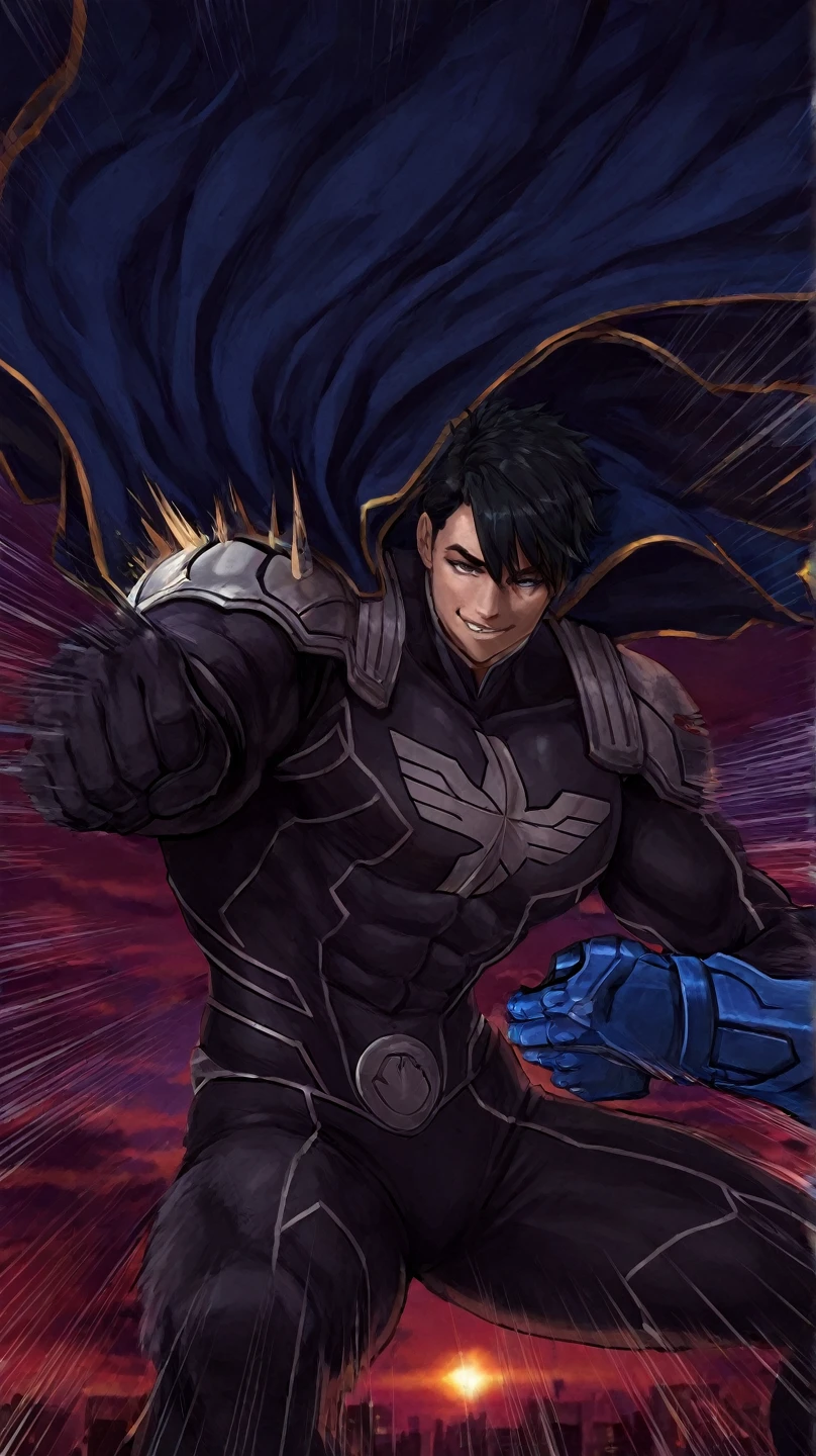 《the original god》Arataki Kazuto , male people， chest muscle， Sexy , Venom symbiote for your body, Black mucus of the body , into venom, venomize，Black bodysuit，（Cloak），Red cape，Abs，（Adult male）（（Venom possession，venom symbiote）），over-Tortoise Man，Battle damage，((Masterpiece)), ((Best quality)), Ultra detailed,((illustration)), Dynamic Angle, Detailed light, (Delicate eyes), Floating, 1boy, Male focus, Head, Clothing, Yellow eyes, necklace, tattoo, (Forehead:0.8), (ahoge:0.8), jewelry, brunette color hair,apathy，Ray， chest muscle， Sexy , Venom symbiote for your body, Black mucus of the body , （into venom）, Venom，frontage，Bust photo，White tight-fitting top，spiderman outfit，style of anime4 K， 4K anime wallpaper， Badass anime 8 K， 4 k comic wallpaper， young anime man， Anime boys， Anime wallpapers 4 k， Anime wallpaper 4K， High quality anime art style， Anime moe art style， Anime art wallpaper 8 K， Anime art wallpaper 4 K， RGB lighting，