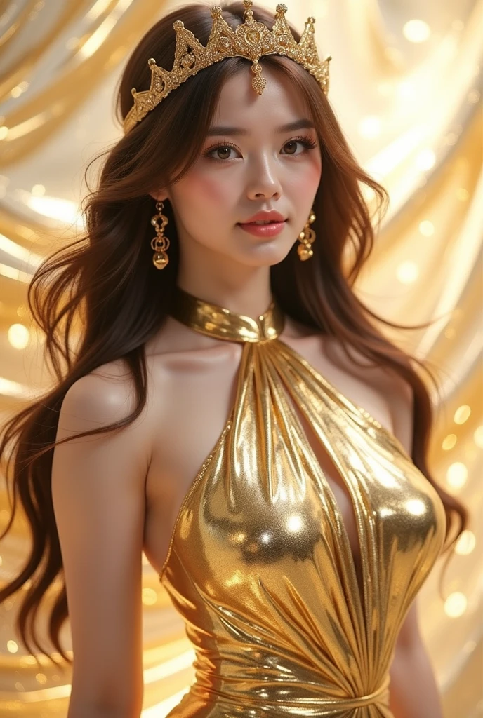 Sultry model stands confidently against crisp white backdrop, bathed in warm studio lighting that highlights radiant skin and captivating gaze. Vibrant pleated dress swirls dramatically around her, emphasizing striking maxi sling bikini featuring shimmering metallic details. Twin tails frame impressive breasts, radiating like dazzling diamonds in an over-the-top display of opulence, as she confidently owns the space.Sultry model stands confidently against crisp white backdrop, bathed in warm studio lighting that highlights radiant skin and captivating gaze. Vibrant pleated dress swirls dramatically around her, emphasizing striking maxi sling bikini featuring shimmering metallic details. Twin tails frame impressive breasts, radiating like dazzling diamonds in an over-the-top display of opulence, as she confidently owns the space.