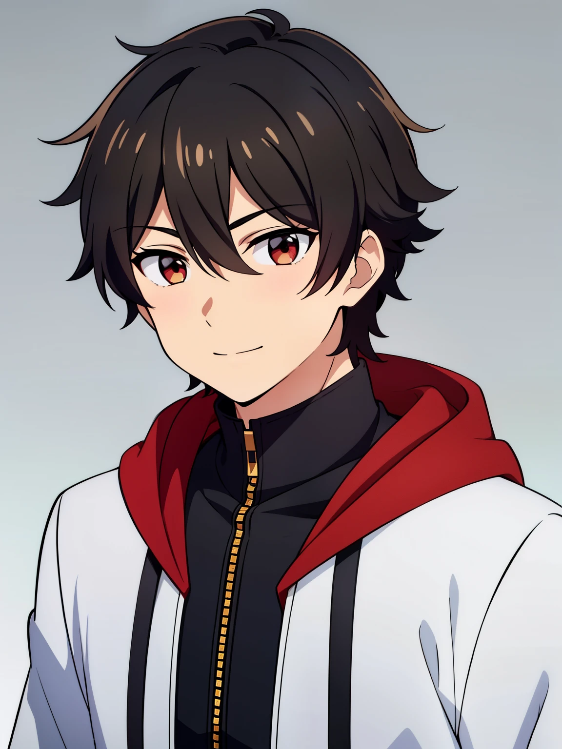 (high-quality, breathtaking),(expressive eyes, perfect face) portrait, 1boy, male, solo, young , black hair, red eye color, short hair length, soft wavy hair, cute smile, loose hair, side bangs, looking at viewer, portrait, medium full shot, happy expression, RWBY clothing, black hoodie, gold trim, white shirt, red, grey background