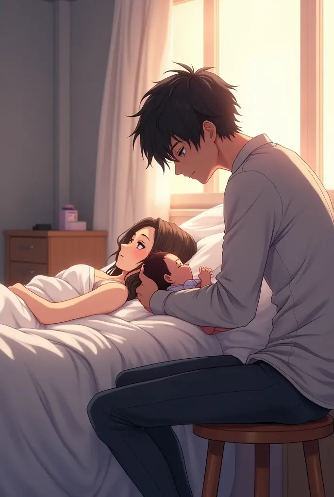 An anime man with black hair and dark maroon Eyes and he is sitting on a small stool which is next to a hospital bed and he is holding a baby and on the bed is laying an anime woman with long middle brunette hair and dark brown eyes and they are in a hospital