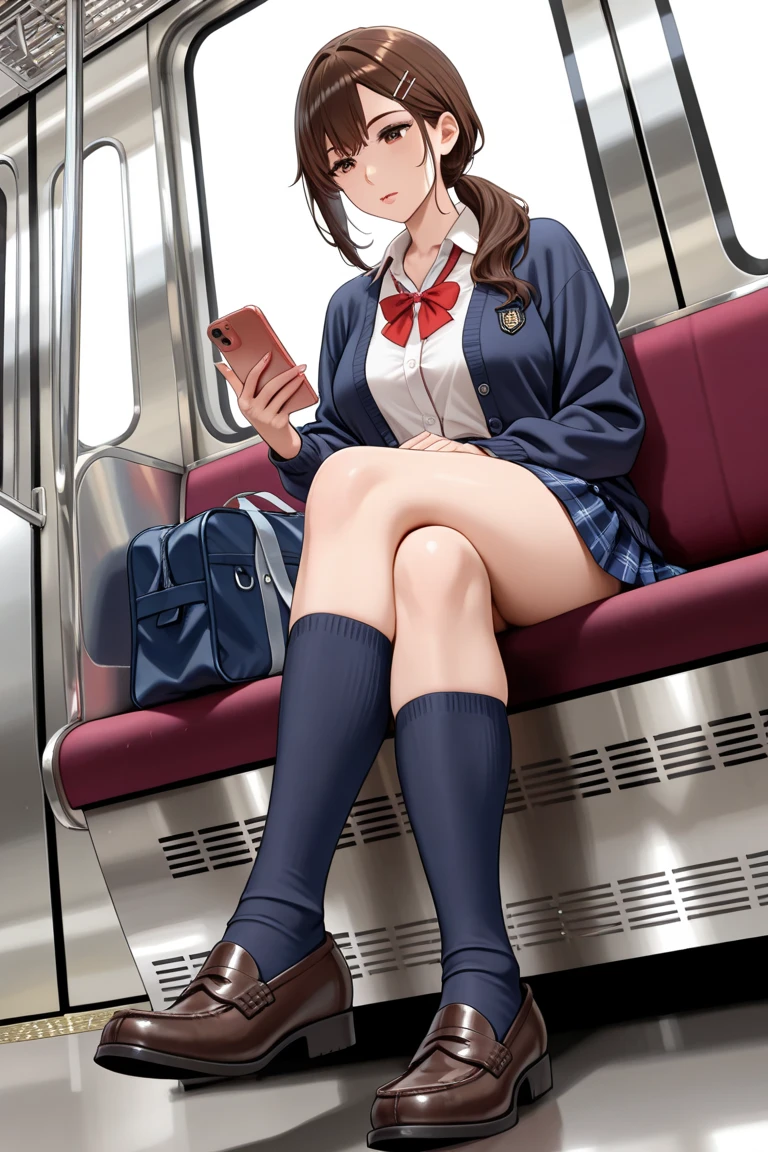 (Masterpiece, top quality, high resolution, realistic photo, realistic looking skin:1.1),
(A high school girl sits on the long seat of the train and shows her panties to me facing her:1.8),
(A long seat is a seat that is arranged parallel to the window against the side window:1.8),
(She has a provocative, grinning expression: 1.5),
(She is wearing her high , a navy blue blazer: 1.5),
(She is wearing a gray miniskirt from her high school uniform: 1.5),
(She is wearing black loafers: 1.5),
(She is wearing loose socks: 1.5),
(She is wearing socks of the same color and the same length on both feet: 1.8),
(Her panties are pink simple cotton: 1.5),
(Her hair is long brown hair:1.5),
(Location: long seat on Yamanote line late at night:1.5),
1 Japanese girl, solo, full bodied esbian, beautiful eyes, glowing eyes, glowing thighs, NSFW