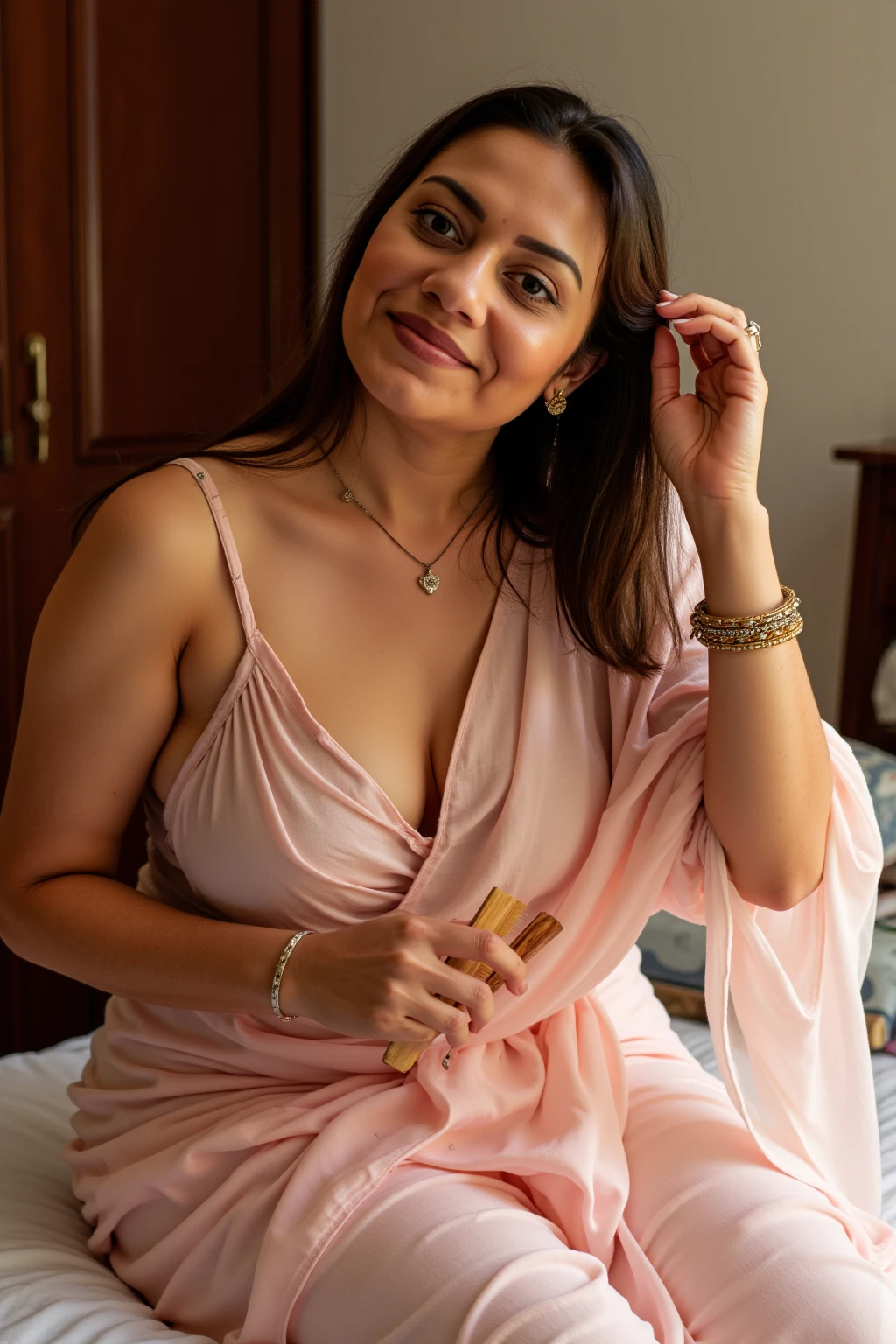 Smile (Yellow lace hijab), The 60-year-old mother is naked, her body is very thin , (Sitting)