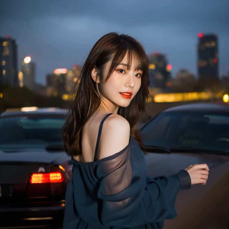 Masutepiece、Highest Quality Score、hight resolution, 18 Jahre alt, . Girl with beautiful bust. blonde hair, in front of porsche, night sky, tight streat wear,