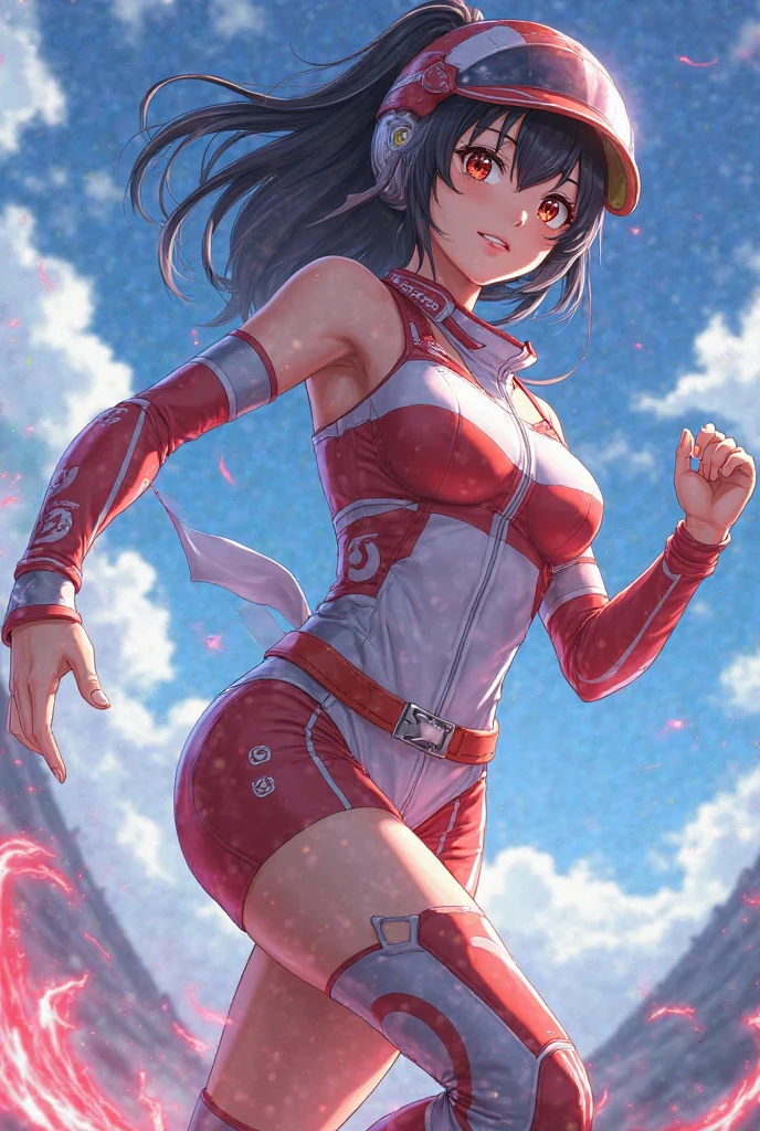 (masterpiece), best quality, highly detailed, detailed background, cinematic lighting, outdoor, 1girl, medium hair, medium breasts, leotard, bare legs, match boots, gloves, light particles, wind particles, tornado spin, superhero, twirl