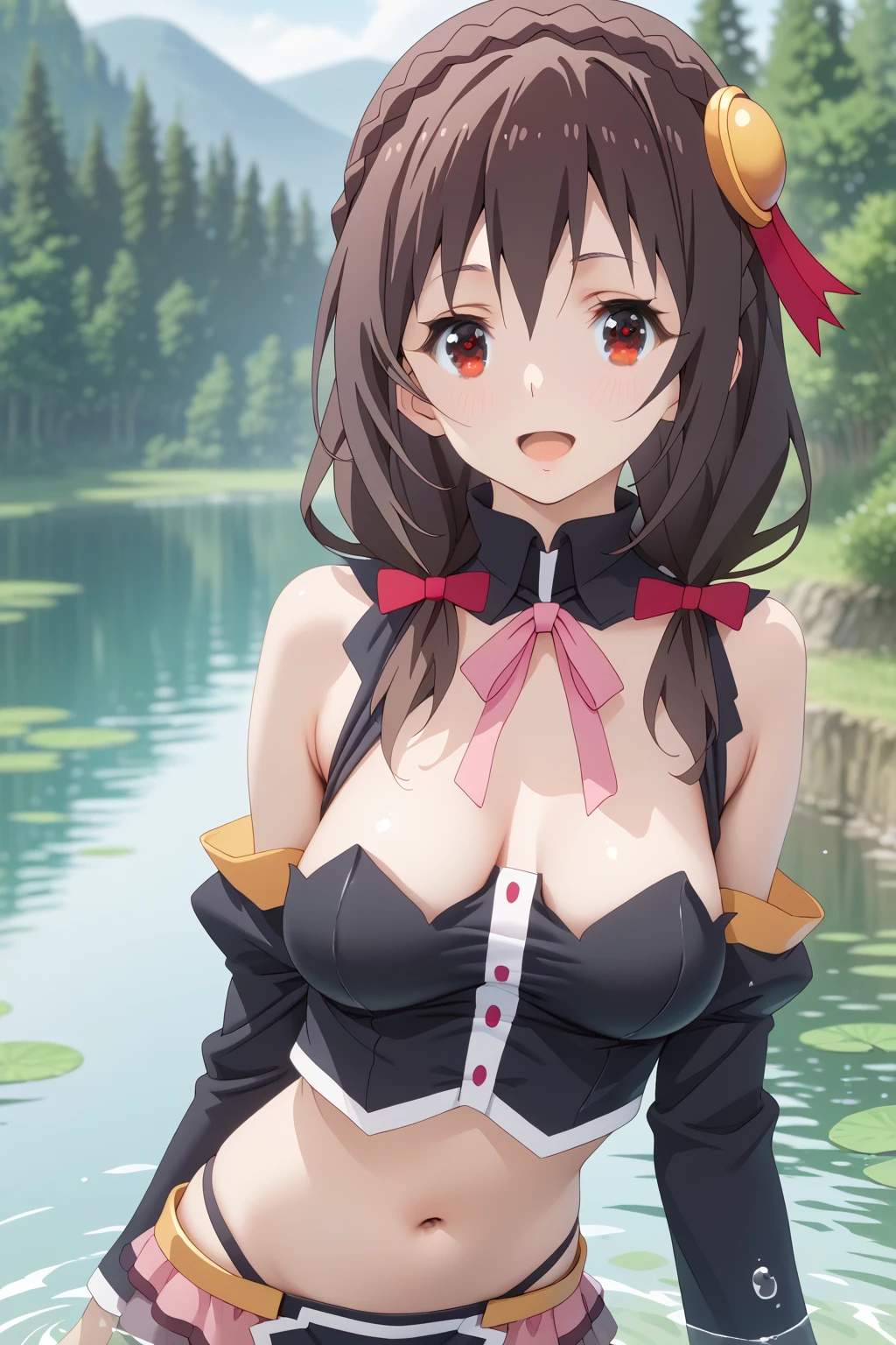 masterpiece, Highest quality, High resolution, Marnie, Aqua Eye, Black Choker, Red ribbon, Pink Dress, jewelry, Black jacket, Open clothes, Long sleeve, , Field, holding monster Ball, monster Ball \(Basic\), Erotic smile、blush、Open your mouth, (Perfect hands, Perfect Anatomy), Open your chest wide, Not wearing underwear, No bra, morning, sunlight, Best Shadow, Best lighting, Small, pointy breasts, Protruding nipples、Bare nipples、approach、Upper body close-up、Pinching the nipples、上半身のみにapproach、カメラにとてもapproach、White lace panties are visible、Skirt rolled up、On all fours、On all foursでapproach、On all fours