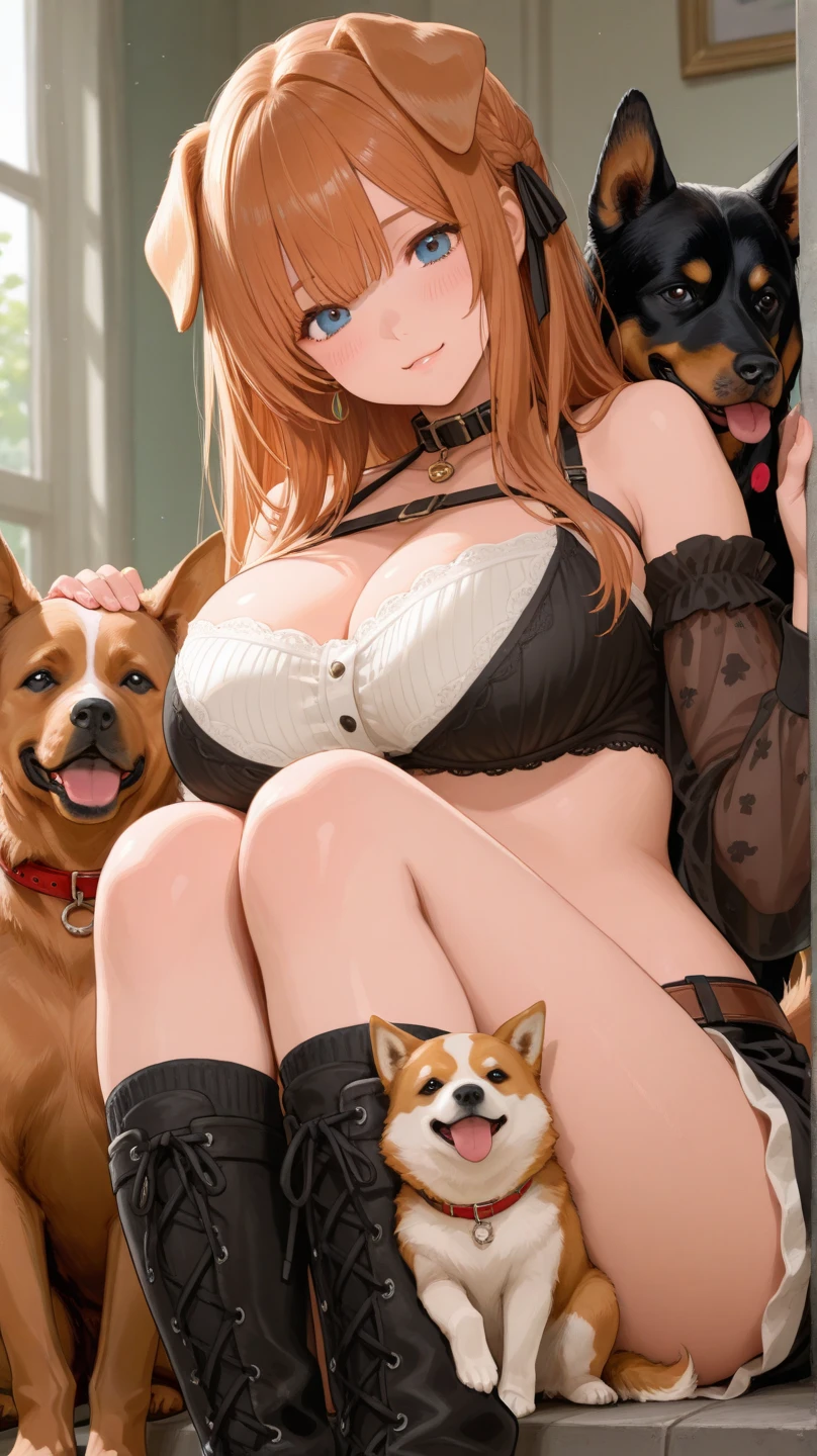 SLE, mksks style, Superior quality, Masterpiece, Detailed background, Very detailed, Complex and detailed face, Long eyelashes, Detailed eyes, (Adult woman), (High ponytail: 1.3), (Thick thighs: 1.0), (Large: 1.3), (White background: 1.3), (Solo: 1.3), (Red Eyes: 1.3), (Blonde and Black Mesh: 1.2), (Downy Hair: 1.1), (Red Collar: 1.2), (Thick Lips, Pink Lips: 1.3), (Pink Eyeshadow: 1.2), (Hydrated Eyes), , Floor Squat, Open Legs, Best Smile, Open Mouth, Red Cheeks, Blonde Dog Eating Crawling on All Fours, Full Body, (natural breasts: 1.5), breasts on the floor