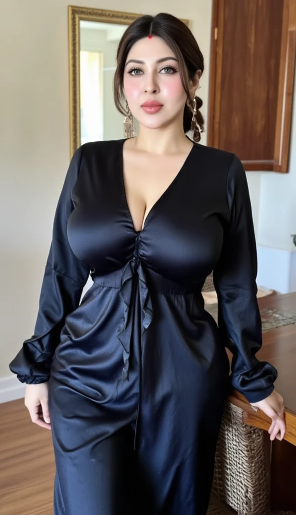 indian,milf,satin maroon nightwear,black hair,full size picture from head to toe, standing infront of mirror,glasses, taking mirror selfie,heavy cleavage