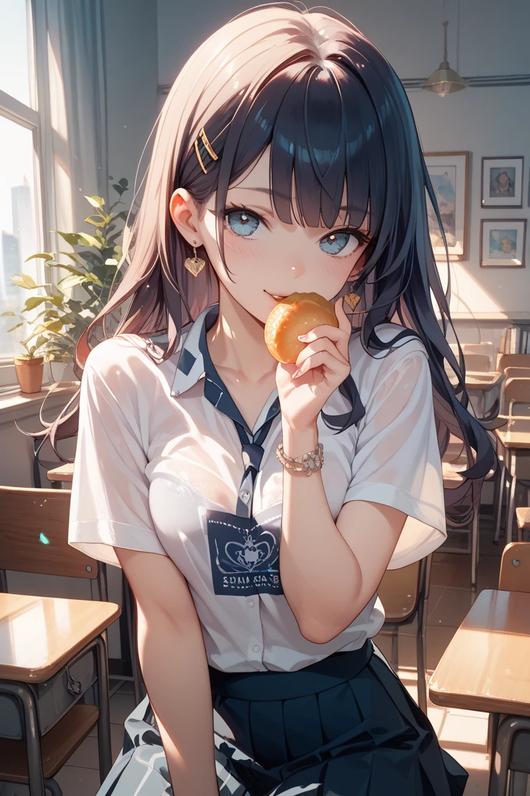 eating a banana,BREAK 30yo,woman,teacher,short hair,short bob,masterpiece,best quality,super detailed,8k,super fine illustration,BREAK in classroom,detailed background,