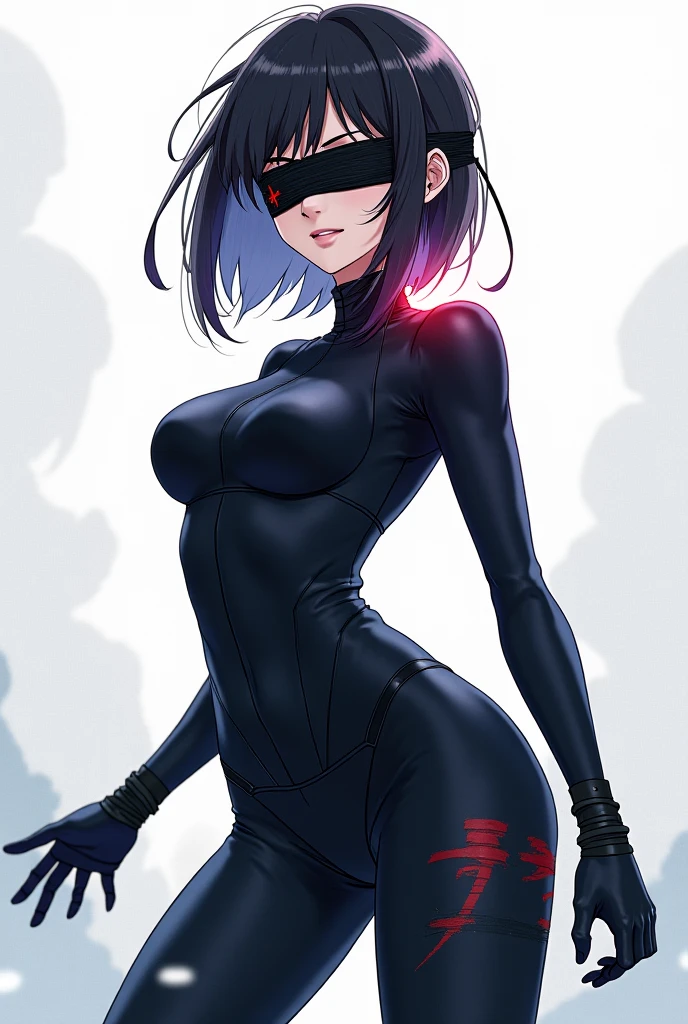 muscular girl large breasts empty eyes sad black hair yellow eyes pale skin