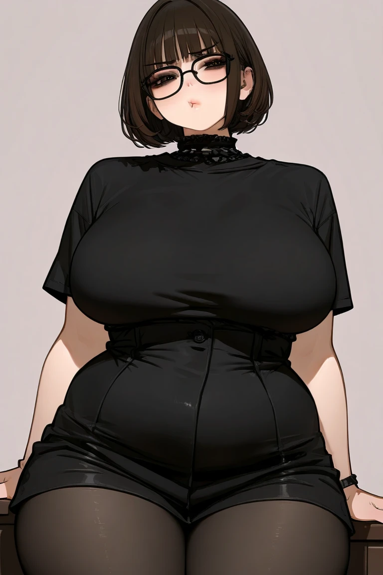 (Masterpiece, Best Quality, High Quality:1.4), (professional artwork, extremely detailed girl:1.0), 8k, detailed eyes, perfect face, 2girl, (voluptuous, mature female, plump, large lips:1.2), wide hips, thick thighs, heavy makeup, bottom heavy:1.4), (skindentation, long eyelashes, dark eyeshadow, looking at viewer, bright eyes, close up, annoyed, angry, fat, obese, big belly, huge belly, sagging breasts, sagging belly, cruel smile, sadistic smile, bloated belly, wobbling belly, goth girl, black hair, black lipstick