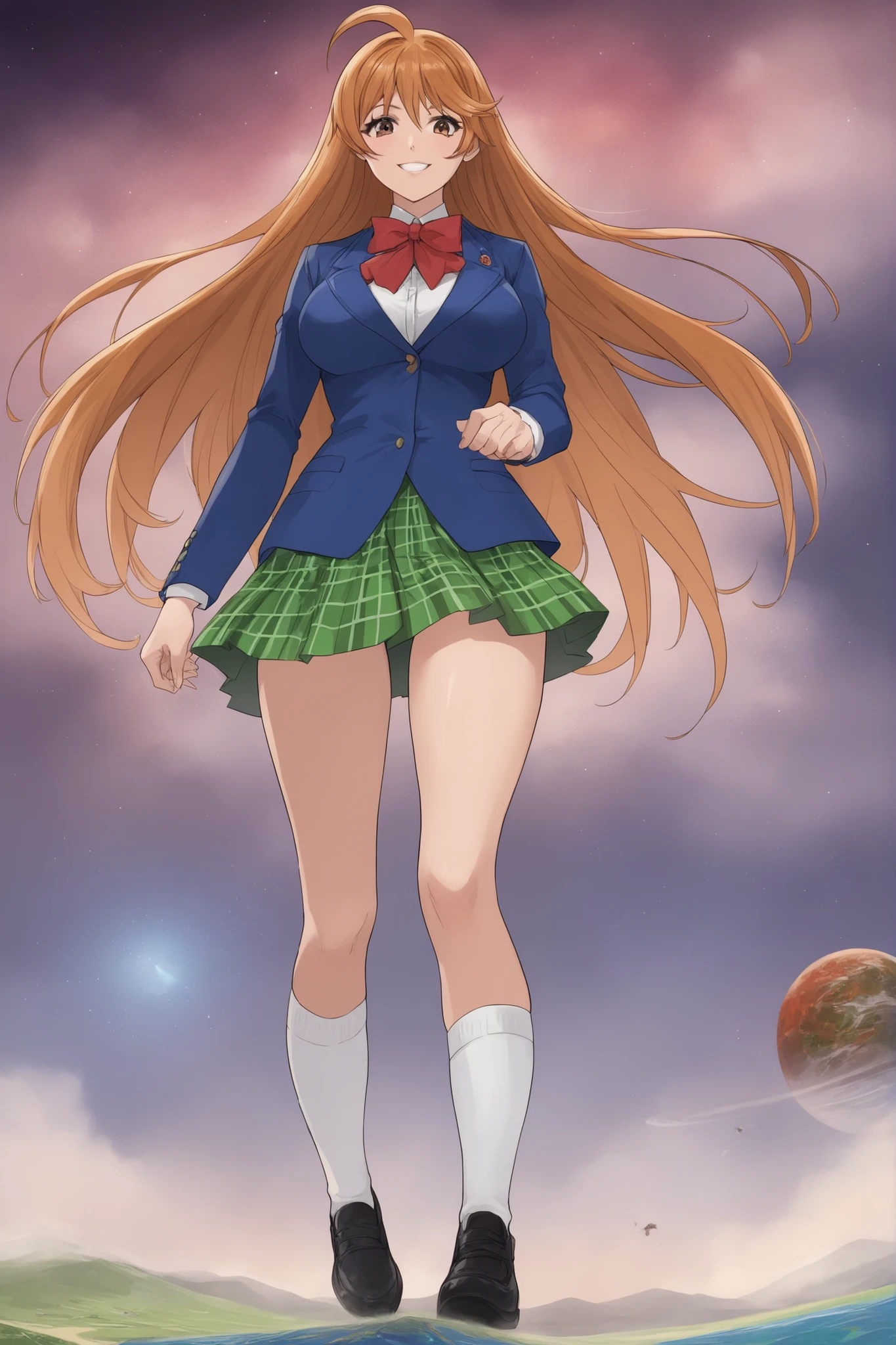 best quality,masterpiece,looking at viewer,absurdres,1girl,score_9,score_8_up,score_7_up,source_anime BREAK natsume aya,orange hair,long hair,brown eyes,ahoge,breasts,white ,skirt,bow,plaid,large breasts,jacket, plaid, green plaid skirt, blue blazer,  evil smile, white socks, black shoes, standing,  space, planets, giga giantess, front below, standing, crushing planet