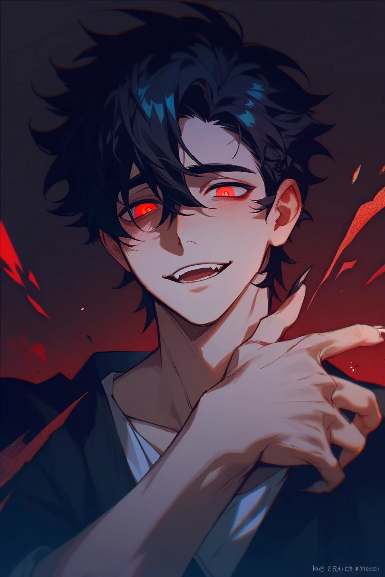 1girl, flying hair, red eyes, fire witch, blood on face, light particles, lightning rays, wallpaper, colorful, high contrast, vampire, smirk, evil smile, psychopathic smirk, psychopathic smile, tilted head