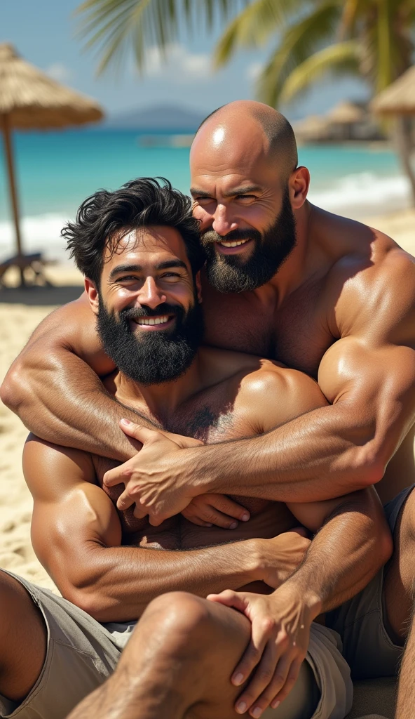 2 handsome muscular men in their mid 30s, detailed facial features, smiling, rugged beard, hairy body, wearing short swim trunks, standing in the calm ocean water, another man with a dark brown colored skin, palm trees in the distant background, beautiful warm sunset colors in the sky, (best quality,4k,8k,highres,masterpiece:1.2),ultra-detailed,(realistic,photorealistic,photo-realistic:1.37),highly detailed portrait, cinematic lighting, dramatic colors, detailed ocean waves, detailed palm trees, dynamic composition