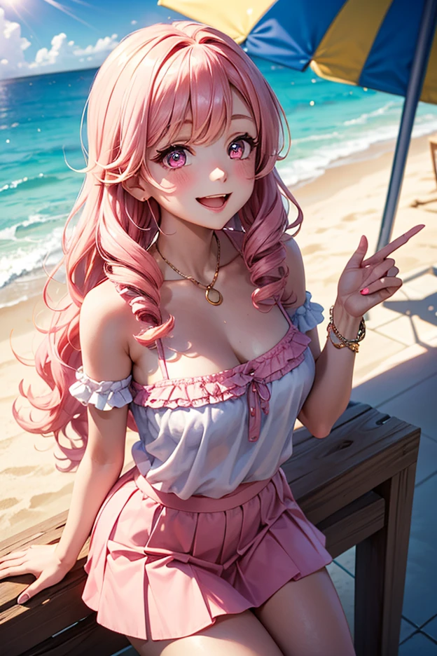 Magenta hair, hazel eyes, older woman, hair jewel ornament, cat ears, long hair, smiling face, pastel summer colors