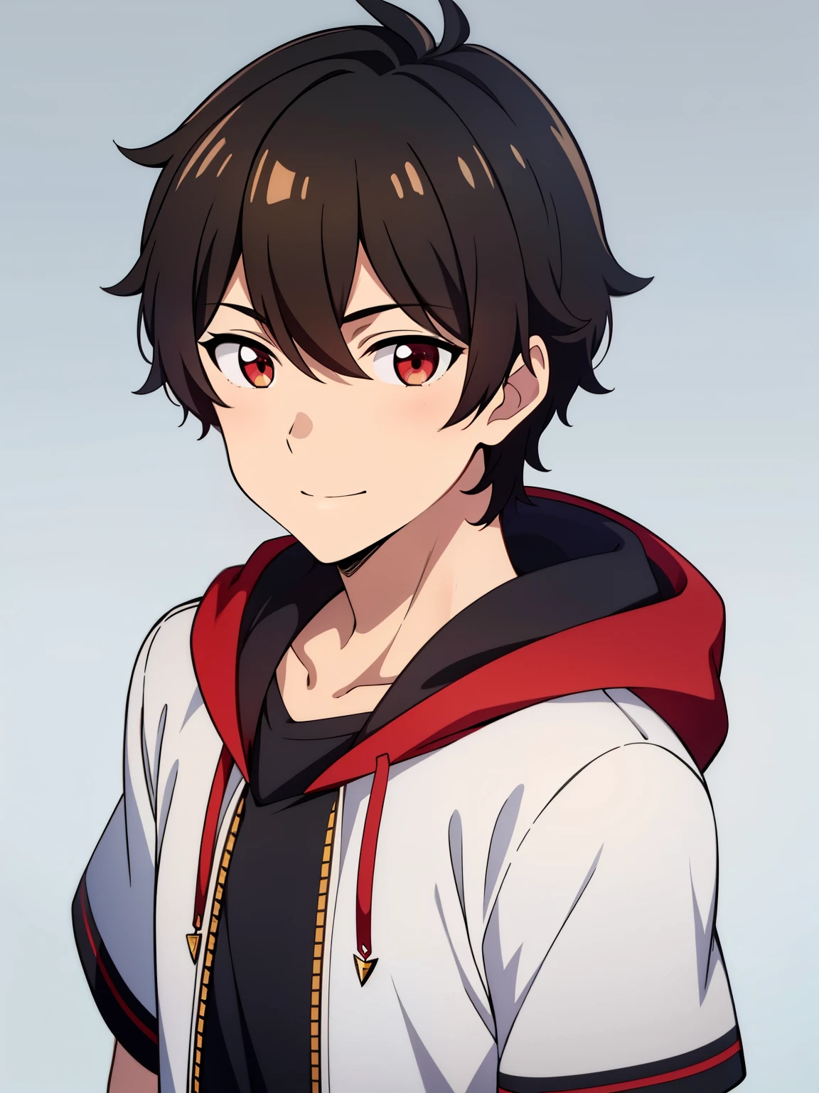 (high-quality, breathtaking),(expressive eyes, perfect face) portrait, 1boy, male, solo, young , black hair, red eye color, short hair length, soft wavy hair, cute smile, loose hair, side bangs, looking at viewer, portrait, medium full shot, happy expression, RWBY clothing, black hoodie, gold trim, white shirt, red, grey background, short sleeves
