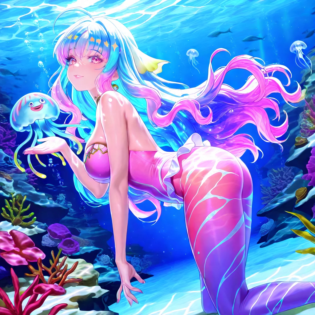 (a sexy young woman:1.2) spearfishing in a (magical:1.2) sea, surrounded by (brightly colored:1.1) fish that are (beautifully shaped, many varieties)[flowers:0.9]. The woman is wearing (a sleek wetsuit, vibrant bikini), while her (wavy:1.1) hair gracefully moves with the water. Her (mesmerizing blue:1.1) eyes are (luminous:1.1) and filled with determination. She holds a (spear gun) in her hand, poised to strike at the perfect moment.

The sea is (crystal clear:1.1) and shimmers with (magical sparkles:1.1). The water is filled with (vibrant colors:1.1), radiating a surreal and enchanting atmosphere. The (gentle waves:1.1) create a rhythmic motion, revealing the depth and hidden wonders beneath.

The (underwater landscape:1.1) is adorned with (glowing coral reefs:1.1) in various shapes and sizes. The vibrant corals act as natural canvases, showcasing the colorful fish flowers in all their glory. The flowers are (exquisitely detailed:1.1) and (in full bloom:1.1), their petals dancing with the ocean currents. Each fish flower possesses a unique pattern and hue, creating a breathtaking underwater garden.

The (sunlight:1.1) filters through the water, casting (soft rays of light) that illuminate the scene, adding an ethereal touch. The (subtle play of light and shadow) creates a sense of depth and dimension, enhancing the overall visual impact.

The woman's movements are (graceful:1.1) and (powerful:1.1), as she navigates through the enchanting underwater world. Her streamlined body moves with ease and agility, showcasing her connection with the sea.

The overall image is of (best quality:1.2), with ultra-detailed depiction of the woman, fish flowers, and underwater landscape. The colors are (vivid:1.1) and (saturated:1.1), reflecting the fantastical nature of the scene. The scene exudes a (magical ambiance:1.1), leaving viewers captivated by its beauty.

[HDR] lighting accentuates the vibrant colors and adds a dynamic range to the image. The (sharp focus) ensures every detail is visible, allowing viewers to appreciate the intricate beauty of the fish flowers. The (physically-based rendering) technique lends a realistic texture and materiality to the elements.

In summary, a (sexy young woman:1.1) spearfishing in a (magical:1.1) sea, surrounded by (brightly colored:1.1) fish that are (beautifully shaped, many varieties)[flowers:0.9]. The underwater world is filled with (glowing coral reefs:1.1) and (vibrant colors), creating an enchanting and surreal experience. The image is of (best quality, ultra-detailed:1.2), with vivid colors, (HDR lighting), and a touch of magic.