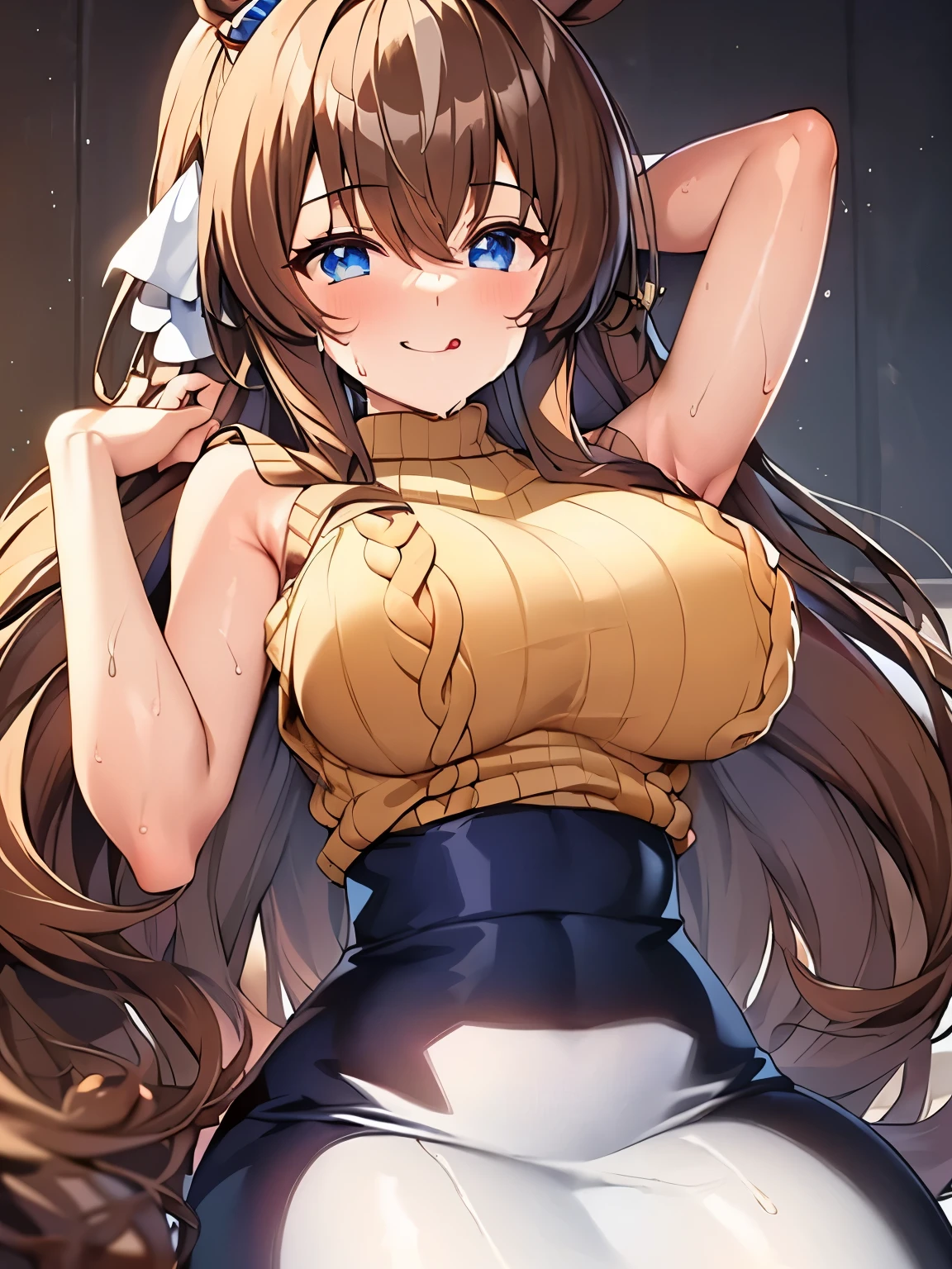 Official art、(Highly detailed CG Unity 8K:1.5),Perfect litthing,colourfull,Bright Front face Illuminating,(Skindentation), (Master Pieces:1.5), (best_quality:1.3), Super Hi-Vision, super detailing,(White ribbon on head:1.5),(A smile:1.4),, Photo Shot,hight resolution,(absurderes:1.2),Kodak Portra 400,film grains,Background blur,(lensflare:1.2),(vivd colour:1.2),is standing, (cowboys_shot:1.4),(dark orange hair:1.5),(dark brown hair:1.5),during daytime,Sunsight,(Asuna),(Asuna Yuki), (Orange Eyes:1.5),partedbangs,beutiful breast,length hair,hugetits,(Solo:1.5),(neat figure:1.5), (a 1 girl:1.5),18year old,High school students,Beautiful Finger、beautiful long leg、Beautiful body,Beautiful nose,Beautiful character design,Perfect eyes,face perfect,,Beautiful hair,Sweat,Animated, (Wet clothes,Bare legs,Exquisite cloth,beautifully detailed eyes), (Portrait),(maid clothes:1.5),
