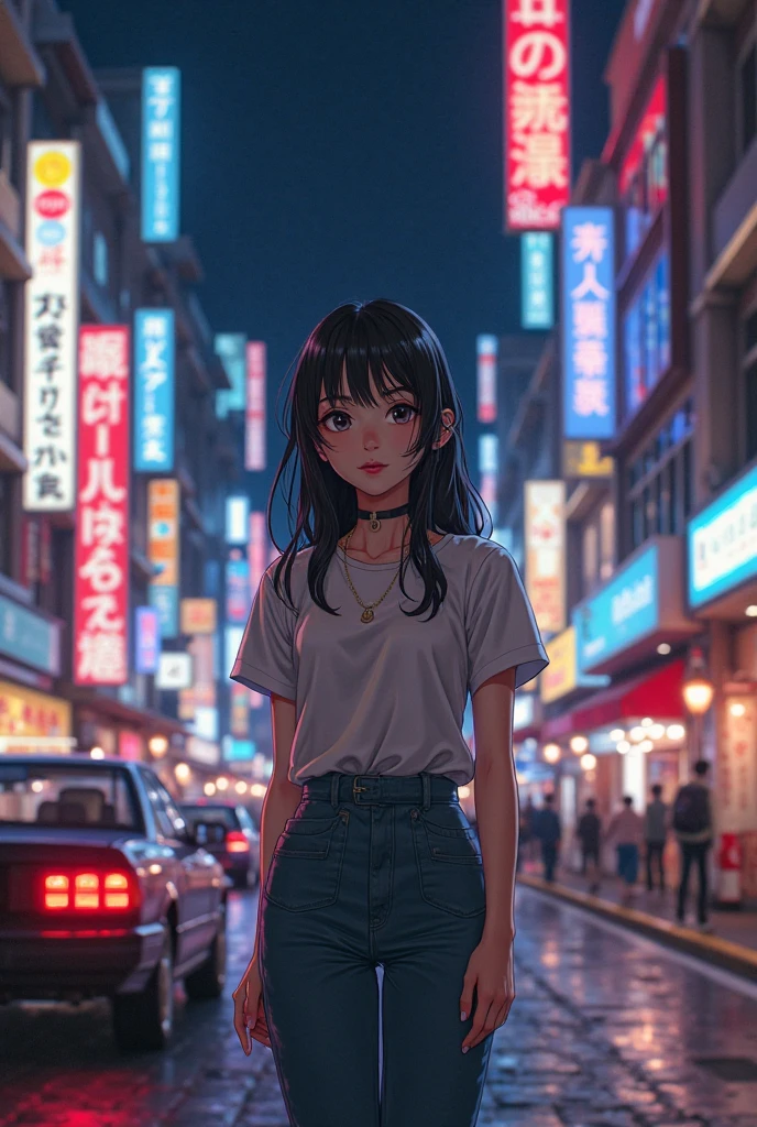 A young japanese woman , retro , anime style , city pop, 2d anime style ...