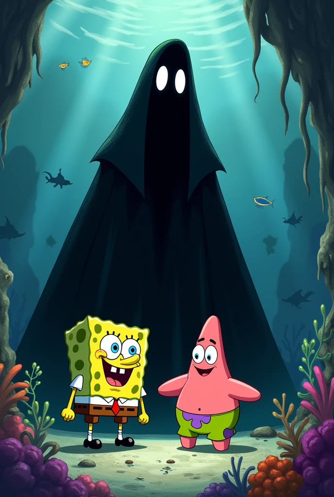 SpongeBob and Patrick but shadow figure with dark body and flashy white eyes, don't forget Patrick and make him like SpongeBob 