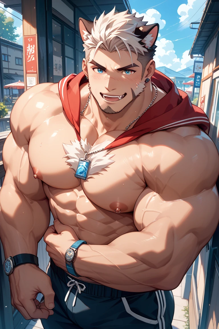muscular, strong, furry, cow, big chest, flushed face, muscular congestion, gym, exercising
