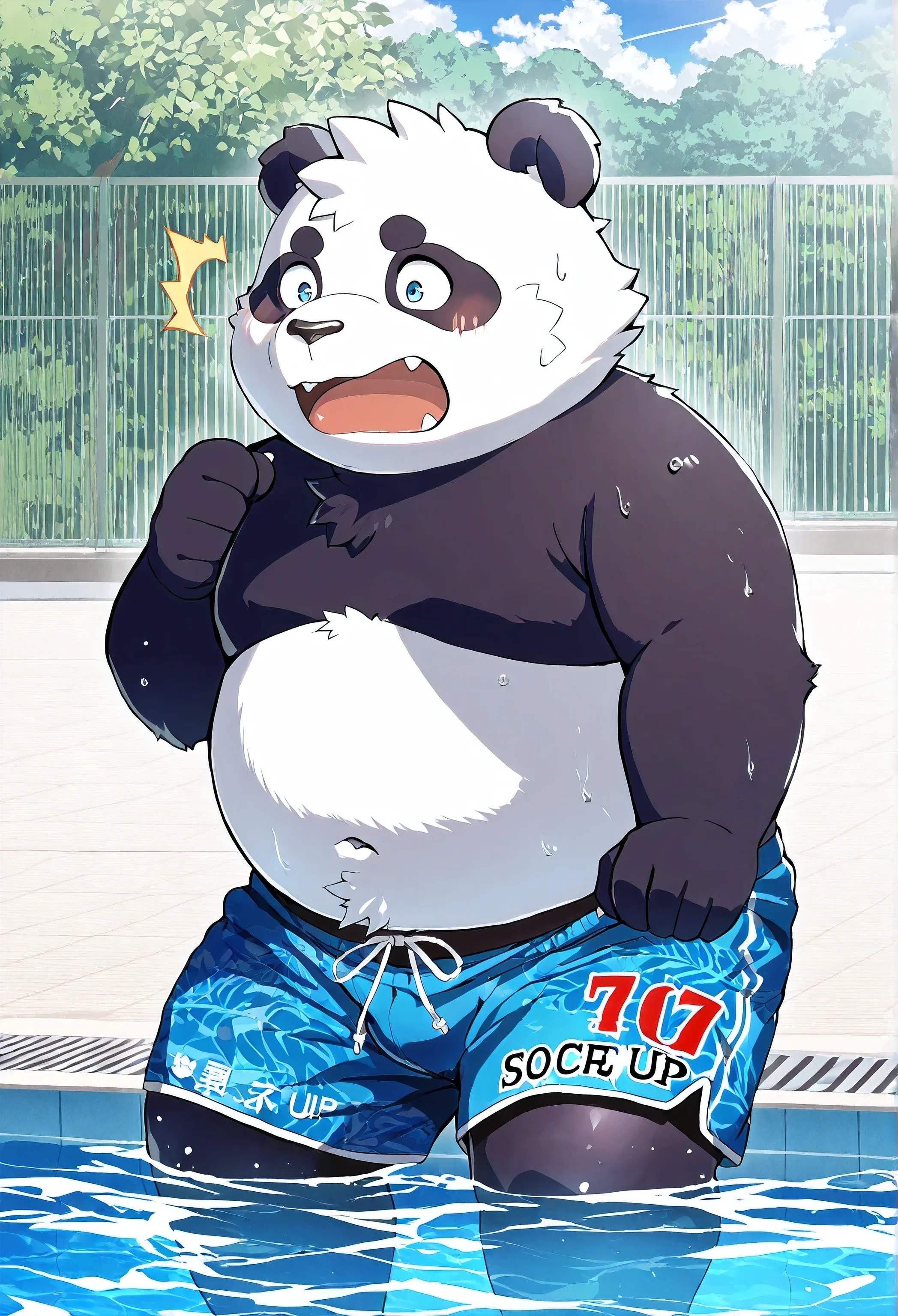 Score_9, Score_8_up, Score_7_up, masterpiece, highest quality, high res, anime style, Moritaka, 1 boy , male focus, Very nice, masterpiece,best quality, tax benefit ratio ,newest,high res,어처구니없는,Detailed Background,Chubby , male,panda,Swimming trunks ,leggings,Scare 的表情, By the pool,Shocked,Scare ,afternoon