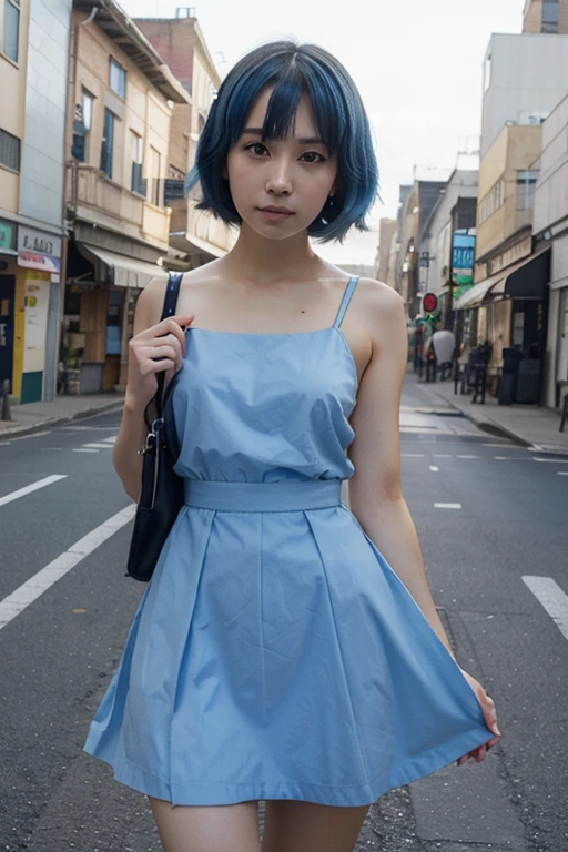 A beautiful girl walks through Tokyo with blue hair and blue eyes she wears a dress but the wind blows the dress up so that you can see her panties