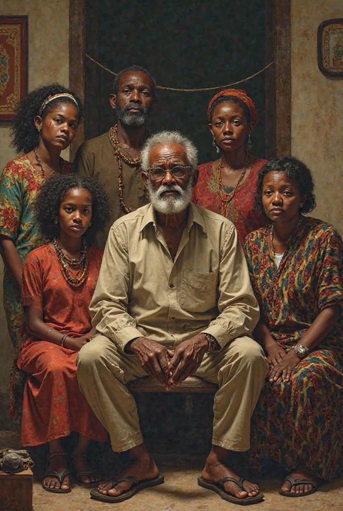 A realistic 3D,portrait,4K picture of a very old black man,sitting under a tree shade,with 3 young children,in the dark,with the moonlight shining,looking straight to the camera.