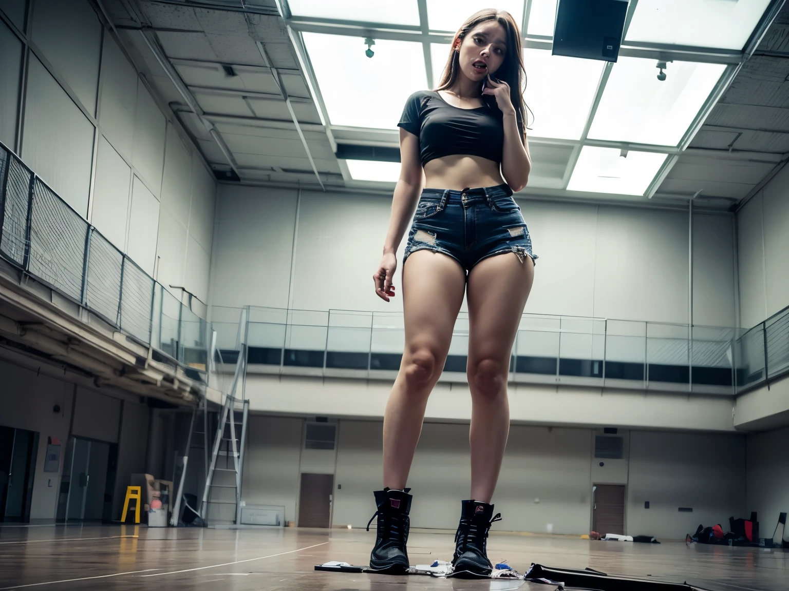 A hot woman, tall figure, flowy blonde hair, natural makeup, huge large breasts, huge large round ass, huge large bubble butt, wearing a white tight shirt with u-neck short-sleeve and denim short, white shirt, tight shirt, spandex material shirt, stilettos, high heels, long legs, sitting and open legs, seductive pose, full body, front view, night, at large abandoned mall, ruined floor, flooded floor, glass ceiling, camera from bellow, dynamic light, lens flare light, masterpiece, ultra detailed, detailed face and skin, studio lighting, lighting backlight, fogging, smokey, layered smokey, movie scene, dramatic photo, vignette, perspective