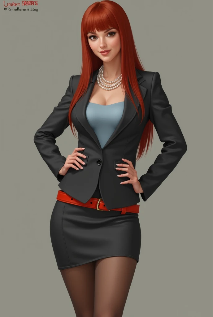 Jennifer Korbin, ginger hair, a black governmental suit and aviators, cleavage, full body shot, navel